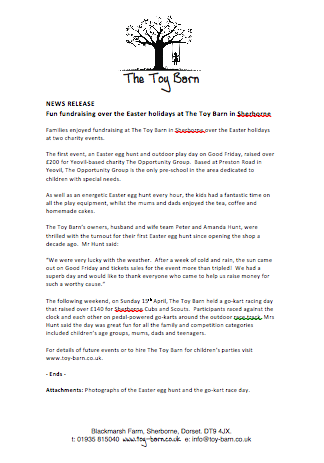 Press release for The Toy Barn Dorset