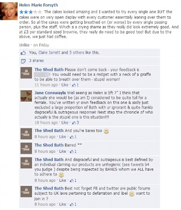 The Shed Cafe attacks customer on Facebook